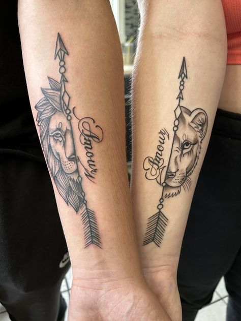 Lion Couple Tattoo, Couples Lion Tattoo, Peter Pans, Lion Couple, Tattoo Lion, Tattoo Couple, Majestic Tree, Timeless Tattoo, Tree Tattoos