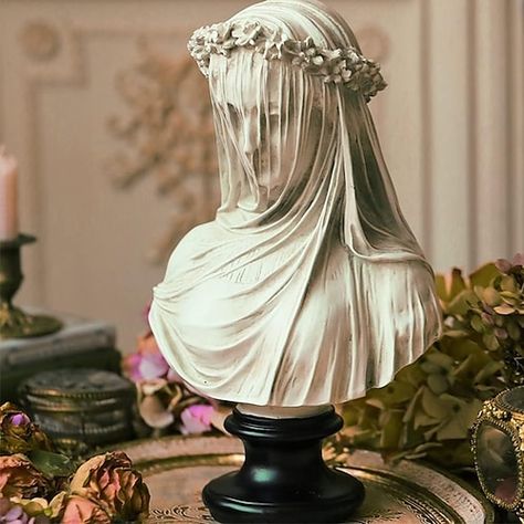 Type:Decorative Objects; Listing Date:12/28/2023 Greek Goddess Statue, Aesthetic Statue, Gothic Statue, Veiled Woman, Home Decor Sculptures, Bust Sculpture, Goddess Statue, Candle Inspiration, Floral Garland