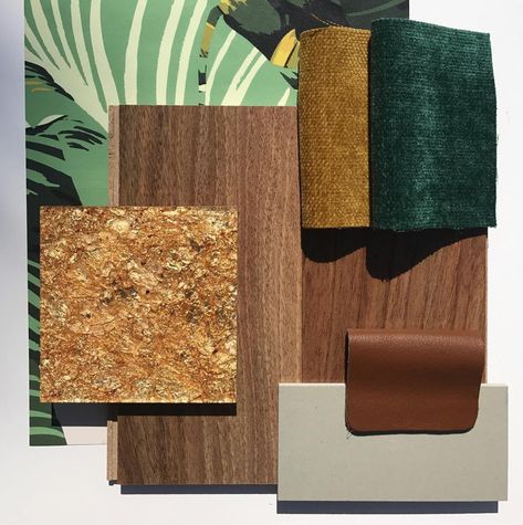 Interior Design Tropical Flatlay & Interior Finishes. Mixed with Velvet Fabric, Wooden Flooring, Acrylic panels , Palm tree wallpaper, Matte stone & Dark leather.  Colours: Gold, Brown,Green,Yellow,Grey. Tropical Flatlay, Interior Design Tropical, Wallpaper Matte, Interior Wall Paper, Palm Tree Wallpaper, Wallpaper Tree, Materials Board Interior Design, Tropical Interior Design, Palm Trees Wallpaper