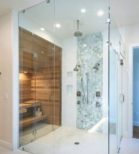 Shower Sauna Combo, Sauna Bathroom Ideas, Sauna Bathroom Design, Shower Sauna, Remodel Hacks, Sauna Shower, Master Bath Renovation, Luxury Master Bathrooms, Sauna Design