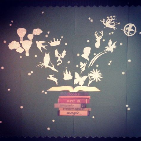 magic bulletin board | Books are a uniquely portable magic..." Library Entrance, Ks2 Classroom, Book Bulletin Board, Bulletin Ideas, Christmas Extravaganza, Reading Week, Magical Theme, Bulletin Boards Theme, Reading Display