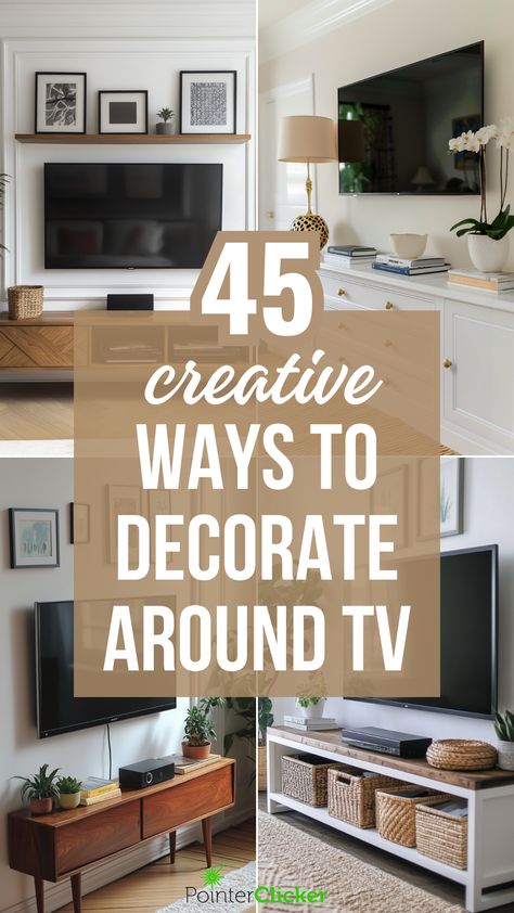 decorate around tv Tv Wall Small Apartment, Bookshelves Over Tv, Small Den Ideas With Tv And Desk, Antique Tv Stand Ideas For Living Room, Cabinet Under Mounted Tv, Mantel Decor Under Mounted Tv, Where To Put Tv In Small Living Room, Next To Tv Decor Ideas, Tv Mount Decor Living Rooms