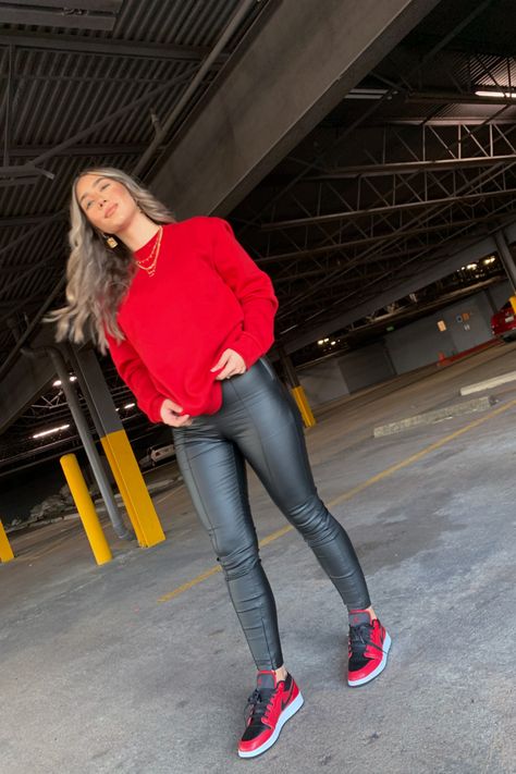 Black And Red Air Jordans Outfit, Leather Leggings Jordans Outfit, Red Sneakers Outfit 2023, Red And Black Sneakers Outfits, Black Red Jordan 1 Outfit Women, Air Jordan 1 Low Outfit Women Red, Red And Black Nike Outfit, Red Jordan Outfits For Women, Red And Black Nikes Outfit