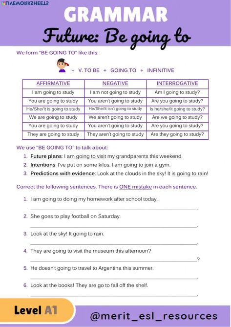 Ejercicio de Future - BE GOING TO Be Going To Grammar, Be Going To Worksheet, English Language Learning Activities, English Homework, Teaching Lessons Plans, Reading Comprehension Kindergarten, English Learning Books, English Teaching Resources, English Worksheet