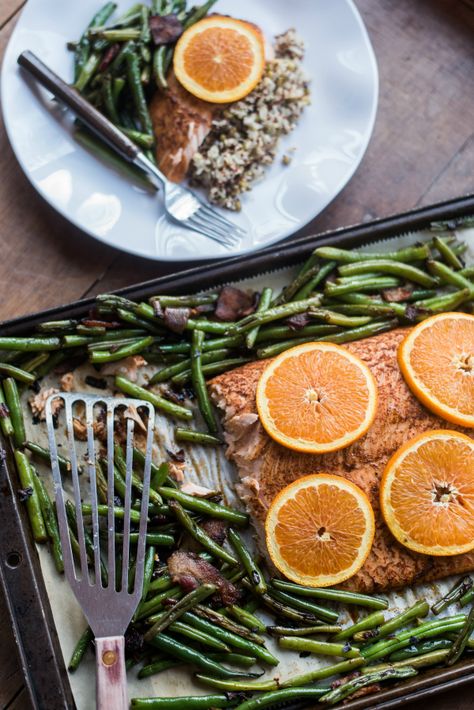 orange-spice salmon + roasted green beans Salmon Roasted, Spiced Salmon, Citrus Marinade, Salmon Spices, Orange Baking, Marinated Salmon, Roasted Green Beans, Recipes Main Dishes, Pinterest Feed