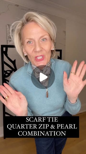 Heidi Kristensen on Instagram: "Quick scarf tie tutorial to show how I styled my quarter zip today. 🥰🌎#fyp#outfit#ootd#outfitoftheday #scarf#style#scarftie#scarfstyle#silkscarf#styling#stylingtips#over50#fall#fallfashion#scarfstyles #accessories#jewelry #pearls#godfreyallure" Tying A Silk Scarf Around Your Neck, Silk Scarf Outfit Classy, Short Scarf Tying, Heidi Kristensen, Square Scarf Outfit, Small Scarf Tying, Glam Rock Fashion, Scarf Tying Tutorial, Ways To Wear Scarves