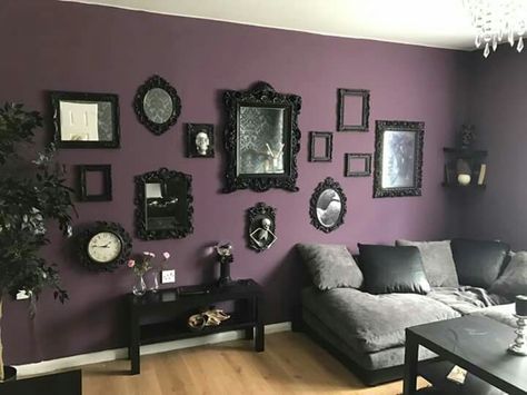 Goth Wall Color, Purple Gothic Home Decor, Purple Witchy Living Room, Goth Purple Bedroom, Purple Goth Bedroom Ideas, Goth Room Colors, Deep Purple Room Ideas, Purple Goth Living Room, Goth Purple Room