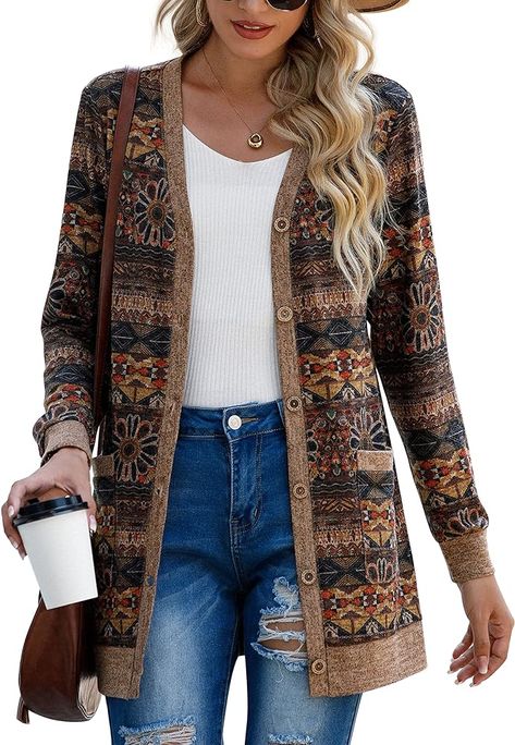 GRECERELLE Women's Floral Print Lightweight Long Sleeve Open Front Cardigan Button Down Vee Neck Knit Outerwear with Pocket at Amazon Women’s Clothing store Womens Cardigans, Lightweight Open Front Cardigan, Cardigan For Women, Business Casual Work, Knit Outerwear, Round Flower, Cardigan Sweaters, Dryer Machine, Cardigan Long