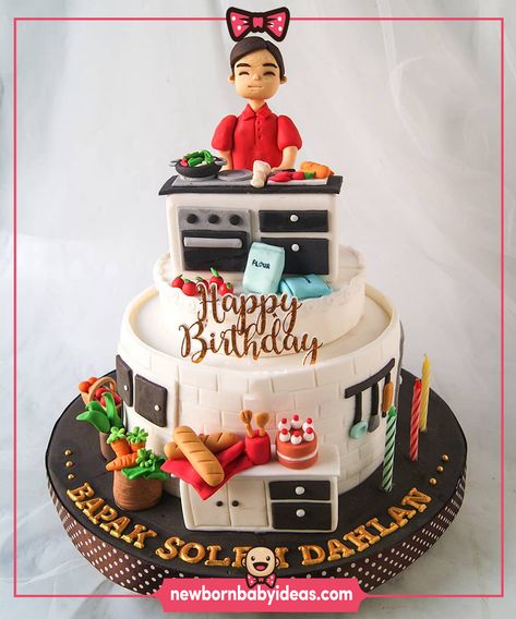 Sugar dough birthday cake. Cook, Red dress women, kitchen utensils. Successful :) Cooking Theme Cake, 2nd Birthday Cake Boy, Children Cake, Fairy Birthday Cake, Cooking Theme, Chef Cake, Sonic Cake, 78 Birthday, Cake Boy