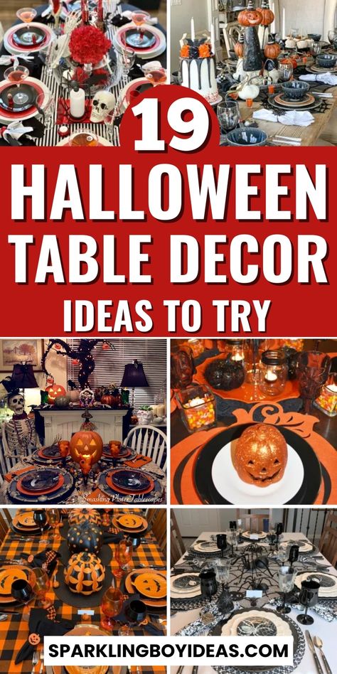 19 Easy Halloween Table Decor 1 Halloween Dining Table, Halloween Dining Room, Halloween Table Centerpieces, Halloween Centers, Halloween Table Settings, Halloween Table Decor, Halloween Party Table, Halloween Tablescape, Easy Halloween Decorations