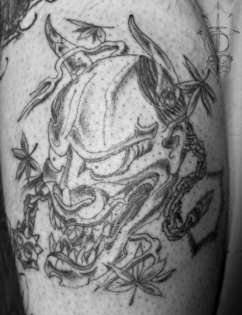 Drew up this Hannya to co-exist w/Rudy's theme down his leg. Spike Ball, Glowing Crystal, Tattoo Work, Tattoos, Crystals, Chain