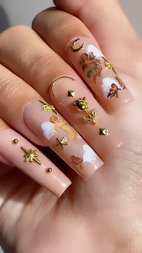 majesticjae on Instagram: ✨☁️ 𝑺𝑻𝑼𝑪𝑲 𝑰𝑵 𝑻𝑯𝑬 𝑪𝑳𝑶𝑼𝑫𝑺 ☁️✨ #bayarea #bayareanails #bayareanailtech #nailart #nailartist #cloudnails #cherubnails #cherub #angel… Square Nails Colors, Angel Inspired Nails, Angel Nail Designs, White Angel Nails Acrylic, Square Nails Spring, Angel Nail Art Design, Angel Nails Designs, Cherub Nails, Cherub Angel Nails