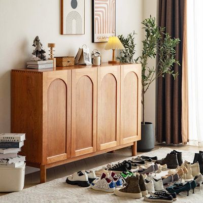 Introducing our Nordic-Japanese-inspired Cherrywood Shoe Cabinet - a timeless piece of furniture that blends elegance and functionality. Crafted from imported cherrywood, it features arched doors, multi-level storage, robust construction, and eco-friendly materials. This cabinet is not just a storage solution; it's a statement piece that elevates your entryway. | Eden Rim 43.31"H Natural Wood Cherry Cherry Wood Shoe Storage Cabinet | Organization | EENR2369 | Wayfair Canada Organized Entryway, Entryway Shoe Cabinet, Shoe Cabinet Entryway, Wooden Shoe Cabinet, Wood Entryway, Wood Shoe Storage, Entryway Cabinet, Wood Shoe, Entryway Shoe