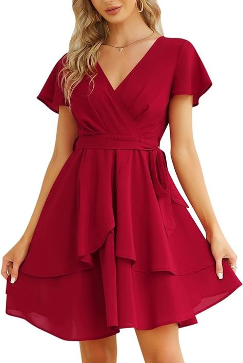 KOJOOIN Womens Skater Dresses Sexy V Neck Short Sleeve Tie Waist Solid Ruffle Boho Flowy Swing Mini Dress Dark Wine Red at Amazon Women’s Clothing store Red Skater Dress, Free People Mini Dress, Mumu Dress, Skater Dresses, Stripped Dress, Mini Dresses For Women, Midi Dress Casual, Halter Mini Dress, Ruffle Hem Dress