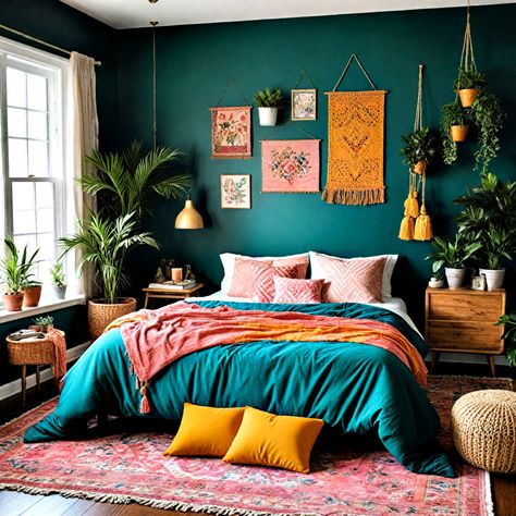 40 Modern Dark Green Bedroom Ideas (2024) Emerald Green And Teal Bedroom, Green Navy Bedroom, Dark Blue And Green Bedroom, Emerald Green Bedroom Colour Schemes, Teal Green Bedroom, Bedroom Inspirations Colorful, Guest Bedroom Ideas Cozy Modern, Mid Century Boho Bedroom, Dark Teal Bedroom Ideas