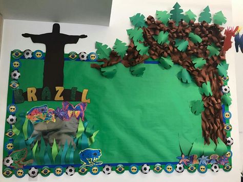 Brazil classroom display Brazil Bulletin Board Ideas, Brazil Classroom Decoration, South America Bulletin Board, Brazil Door Decoration, Brazil Classroom Display, Africa Display Classroom, Carnival Display, Brazil Decor, Brazil Activities