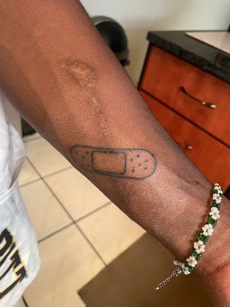 Band-aid tattoo over a burn scar on the forearm Scar Cover Up, Degree Burns, Cover Up Tattoo, Up Tattoos, Cover Up, Band, Tattoos