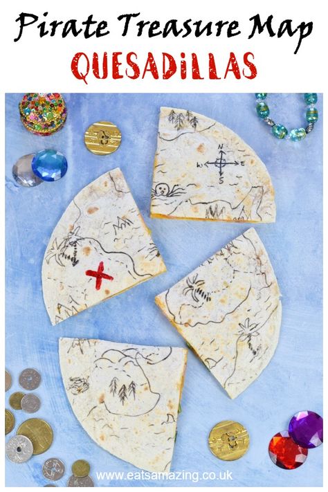 Easy edible pirate treasure map quesadillas recipe - fun pirate party food idea that is perfect for kids lunch boxes too  #EatsAmazing #partyfood #funfood #kidsfood #kidsparty #pirates #partyideas #foodart #edibleart #ediblecraft #treasuremap #healthykids Pirate Meal Ideas, Pirate Dinner Party Food, National Treasure Party, Pirate Brunch, Pirate Party Food Ideas For Adults, Pirate Food Ideas For Adults, Pirate Party Food Ideas, Goonies Birthday, Pirate Themed Food