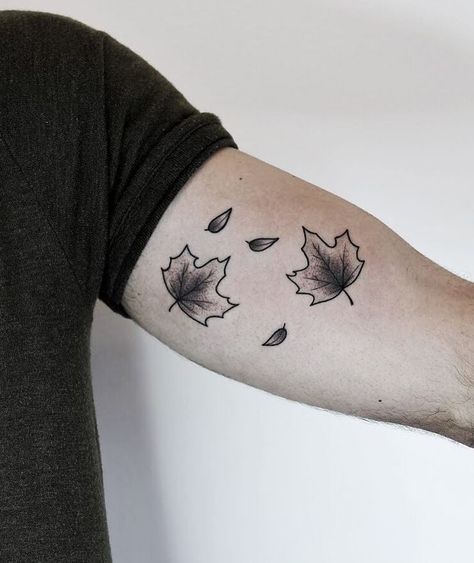 Maple Leaves Tattoo Maple Leaf Tattoo Black And White, Autumn Leaf Tattoo Black, Fall Leaves Tattoo Black, Maple Leaf Tattoo Small, Maple Leaves Tattoo, Maple Tattoo, Season Tattoo, Maple Leaf Tattoos, Halloween Sleeve