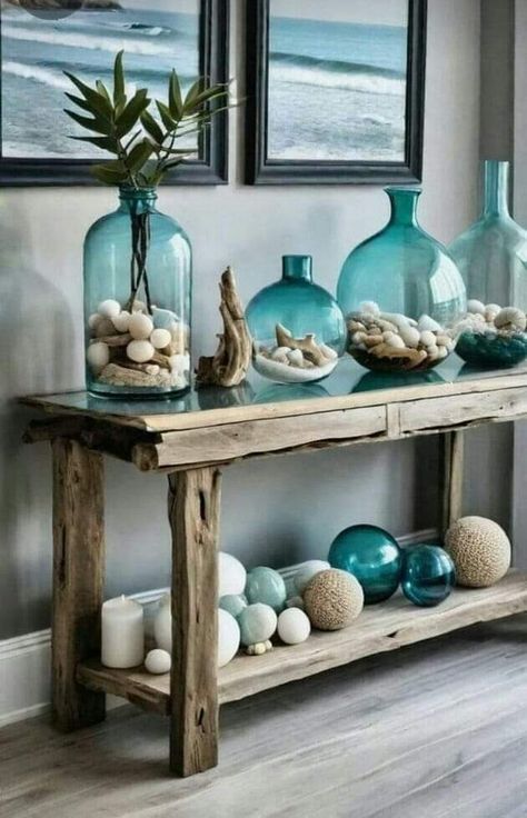 Entrance Table Decor Ideas, Entrance Table Decor, Koti Diy, Coastal Decorating Living Room, Beach House Interior Design, Entrance Table, Table Decor Ideas, Dream Beach Houses, Farmhouse Modern