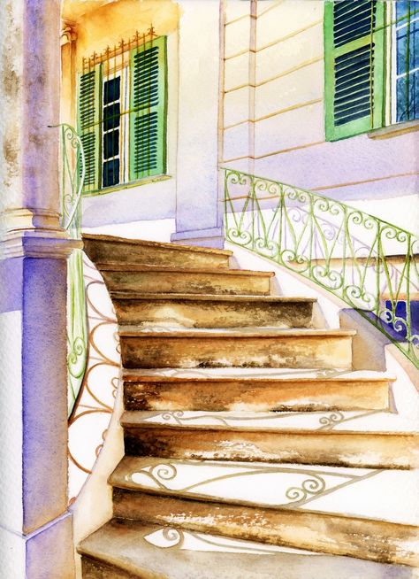 Afternoon Light – Tiny Pochi Watercolours Afternoon Light, Art Watercolor Painting, Realism Painting, Architecture Painting, Watercolor On Paper, Watercolor Techniques, Learn To Paint, Light Painting, Art Watercolor