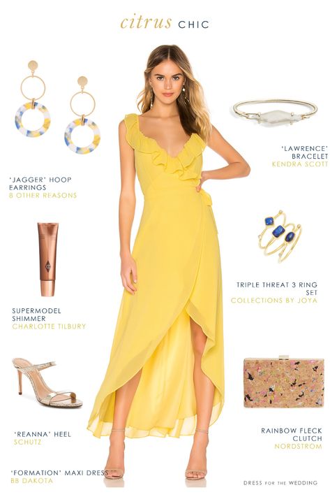 Pretty yellow maxi dress and accessories. The perfect outfit for a summer 2019 wedding guest  #weddingguestideas #summerwedding #weddingoutfits Yellow Prom Dress Long, Yellow Wedding Guest Dresses, Yellow Dress Outfit, Yellow Wedding Dress, Dress And Accessories, Yellow Maxi Dress, Prom Dresses Yellow, Coctail Dresses, Yellow Maxi