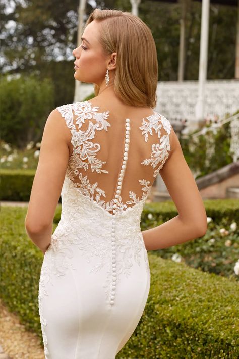 Crepe Wedding Dress with Illusion Back Capri. Description: <style type="text/css"><!-- td {border: 1px solid #ccc;}br {mso-data-placement:same-cell;} --></style> <div class="product-detailed-description theme-typo"><span data-sheets-value="{"1":2,"2":" This dress of dreams is sexy, sultry and fitted to perfection. Capri is guaranteed to make jaws drop as you make your way down the aisle. The sweetheart illusion neckline is embellished with be Wedding Dress Illusion Back, Flattering Wedding Dress, Illusion Neckline Wedding Dress, Neckline Wedding Dress, Floral Lace Wedding Dress, Eternal Soul, Sophia Tolli, Crepe Wedding Dress, Stylish Wedding Dresses