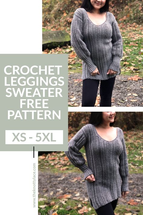 The perfect crochet pattern to make when the weather gets cooler. A long crochet sweater pullover perfect for leggings. This free pattern also comes written for all sizes from XS - 5XL and it also includes a video tutorial. Crochet Oversized Sweater Pattern Free, Crochet Oversized Sweater Pattern, Hippie Patterns, Long Crochet Sweater, Crochet Nerd, Crochet Leggings, Oversize Sweater Pattern, Crocheted Sweaters, Sweater Free Pattern