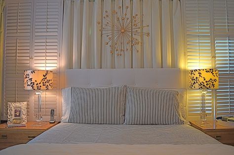 Shutters and curtains to hide off centered window behind bed ... Hide Window Behind Bed, Off Center Window Behind Bed, Off Centered Window, Off Centered Window Behind Bed, Off Center Window, Off Center Windows, Window Behind Bed, Cherry Wood Bedroom, Bedroom Upgrade