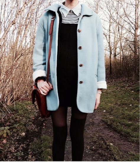 Mint blue coat Doc Fits, Light Blue Coat, Layered Outfits, Nerd Outfits, Blue Clothes, Blue Coat, Blue Coats, Clothespins, Mode Inspiration