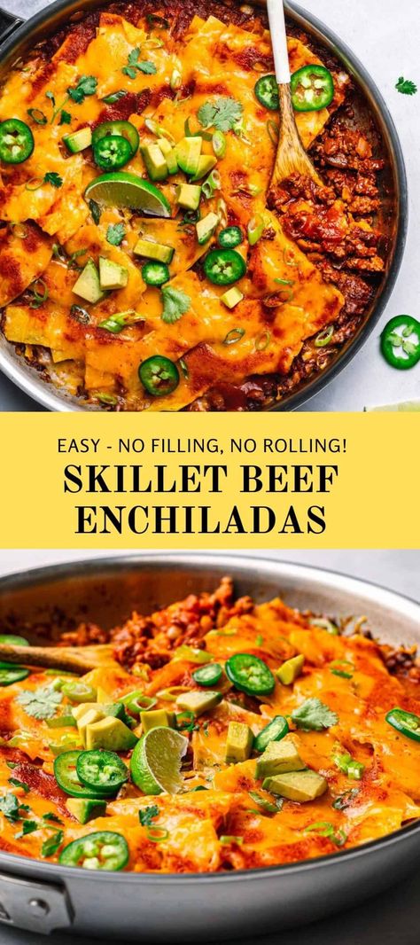 This is a very good beef enchiladas recipe! A very tasty skillet beef enchiladas recipe. This Mexican-inspired dish is an easier and quicker version of traditional enchiladas. No filling, no rolling, and no baking. Just throw all the ingredients in a pot or skillet pan, then dinner is ready for the entire family in less than 30 minutes. #beefenchiladas #enchiladas #Mexicanrecipes #groundbeef #onepotmeals Beef Enchilada Skillet Recipe, Skillet Beef Enchiladas, Traditional Enchiladas, Best Beef Enchilada Recipe, Cooking Videos Recipes, Beef Enchiladas Recipe, Beef Enchilada Recipe, Skillet Pan, Enchiladas Recipe