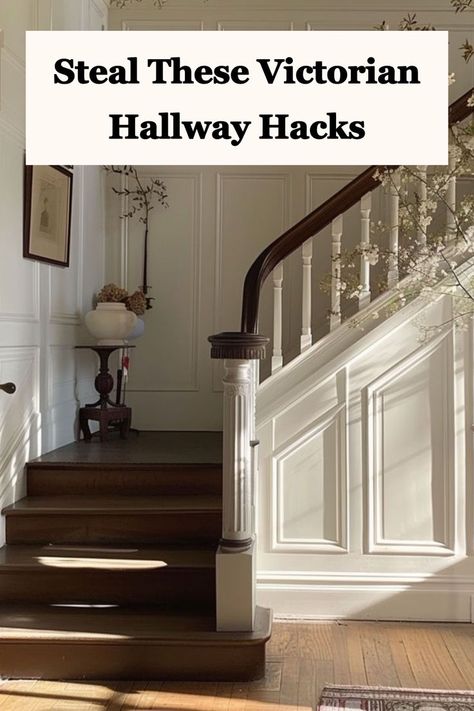 Victorian Hallway Elegance_ Timeless Design Inspirations Victorian Staircase Ideas, Victorian Foyer, Victorian Entrance, Decorative Ceiling Panels, Victorian Staircase, Hallway Design Ideas, Rustic Hallway, Victorian Hallway, Hallway Walls