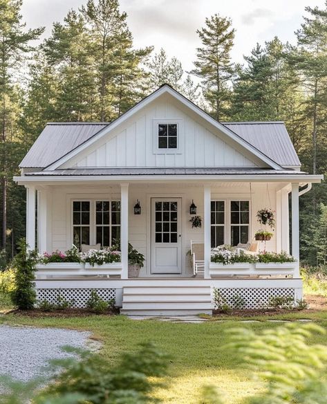 Cottage House With Wrap Around Porch, Small House On Land Country, Tiny Homes Farmhouse Style, Tiny White House, Small Home With Porch, Tiny House Modern Farmhouse, Cozy Small Home Exterior, Small Country House Exterior, White Small House Exterior