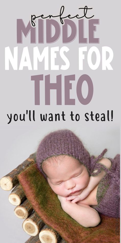 sleeping infant baby in knit suit and title perfect middle names for Theo. This is a list of baby boy middle names and meanings that go with Theo or Theodore. Theo Baby Name, Good Middle Names, Short Middle Names, Middle Names For Boys, Celestial Baby Names, Middle Name Ideas, Baby Boy Middle Names, Name Combinations, Cute Middle Names