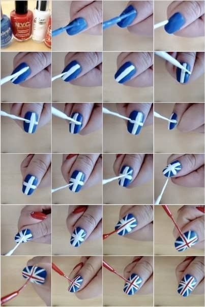 British Nails, British Flag Nails, Union Jack Nails, One Direction Nails, Funny Nails, Diy Nail Art Tutorial, Manicure Steps, Flag Nails, Nail Artwork