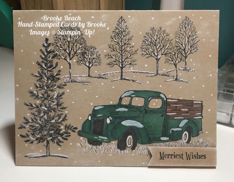 Stampin’ Up! Lovely as a Tree, Country Livin, 2017 Stampin Blends (Bermuda Bay and Bronze) Stampin Up Country Livin Cards, Country Livin Stampin Up Cards, Beach Christmas Cards Handmade, Country Christmas Cards, Cowboy Cards, Truck Cards, Lovely As A Tree, Stampin Blends, Christmas Card Ornaments