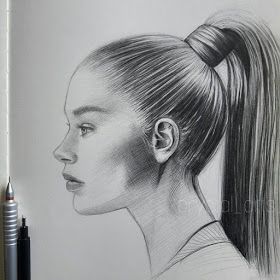 Hair Study by S Mutlu Side Portrait Sketch, Side Portrait Drawing, Side View Of Face, Ponytail Drawing, Inktober Inspiration, Hair Study, Side Portrait, Classy Makeup, Portrait Drawings