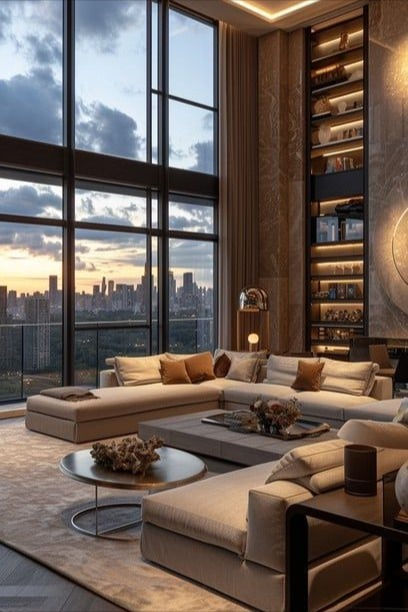 A luxurious high-rise living room at night boasting stylish furnishings and an impressive city view. All Glass Living Room, Luxurious Living Room Modern, High Rise Living Room, Masculine Living Room Decor, Rich Living Room, Masculine Decor Living Room, Condo Aesthetic, Living Room At Night, Penthouse Apartment Interior