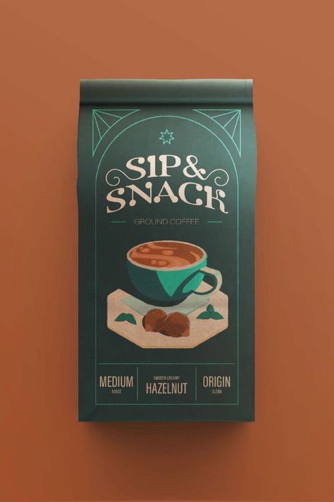 Dark green and brown 'SIP & SNACK' hazelnut flavoured coffee bag packaging Coffee Bag Packaging, Flavoured Coffee, Chip Packaging, Tea Labels, Coffee Label, Coffee Box, Packaging Label Design, Tea Brands, Graphic Design Packaging