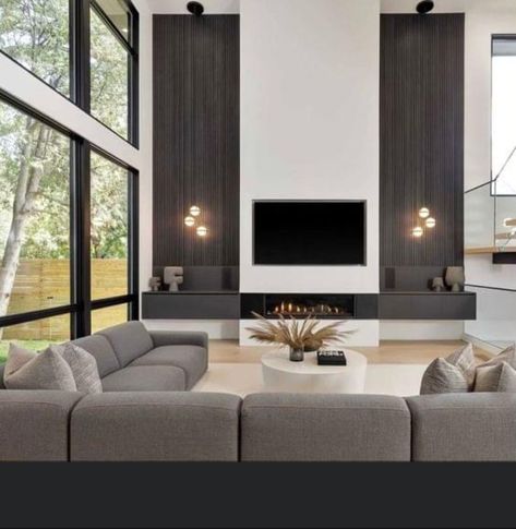 Fireplace Modern Design, Contemporary Fireplace Designs, High Ceiling Living Room, Family Room Fireplace, Living Room Decor Fireplace, Tv Wall Decor, Living Room Decorating Ideas, Living Room Decorating, Contemporary Fireplace