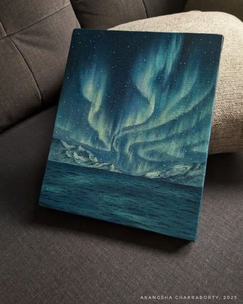 Aurora Borealis Painting, Painting Starry Night, Night Sky Art, Green To Blue, Painting Art Lesson, Small Canvas Art, Starry Night Sky, Nature Art Painting, Art Drawings Sketches Creative