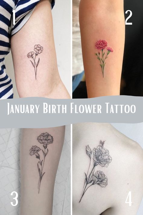 January Birth Flower Tattoo Designs {The Carnation} - TattooGlee Birth Flower Tattoos Carnation, Birth Flower Carnation Tattoo, Flower Capricorn Tattoo, Birth Flower For January, January Birth Tattoo Ideas, Carnation Capricorn Tattoo, Tattoo Ideas Carnation, Small Carnation Flower Tattoo, January Flower Tattoo Carnation