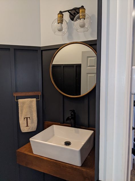 Batten board, paint, walnut floating vanity. Loving this color Behr Cracked Pepper and Bakery Box Cracked Pepper Bathroom, Cracked Pepper Behr, Pepper Paint, Half Bath Makeover, Batten Board, Pond House, Board Paint, Bath Makeover, Bakery Box