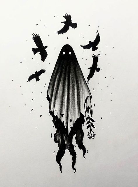 A Spooky Ghost Drawing Bird Skull Tattoo, Tattoo Homme, Cute Easy Paintings, Ghost Drawing, Ghost Tattoo, Drawing Hair, Spooky Tattoos, Meaningful Drawings, Drawing Faces