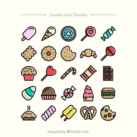 Sweets and candies icons Free Vector | Free Vector #Freepik #vector #freefood #freeicon #freecake #freechocolate Candy Icon, Candy Drawing, Zestaw Ikon, Food Doodles, Flat Icons Set, Doodle Icon, Cute Food Drawings, Food Drawing, Vector Illustration Design