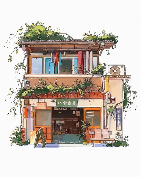 The Most Charming Facades Created Digitally By Artist Angela Hao Angela Hao, Japanese House Drawing, House Design Drawing, Cafe Idea, Japanese Houses, Building Drawing, Watercolor Architecture, Building Illustration, House Sketch