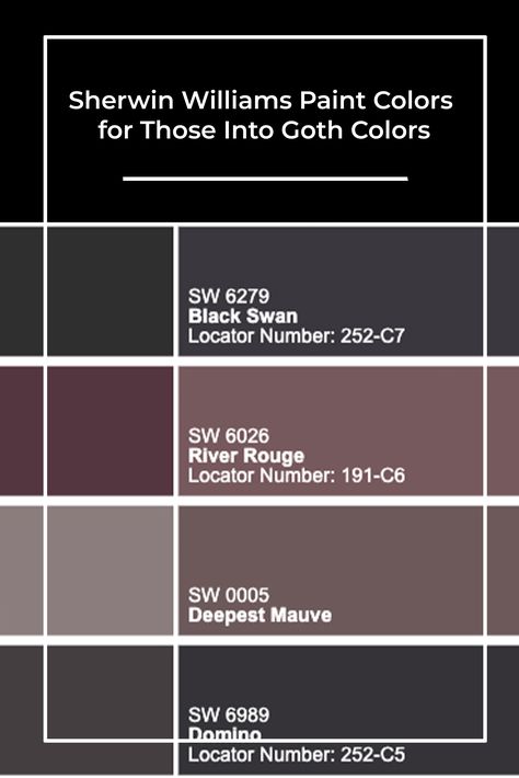 Purple And Black Room, Goth Color Palette, Moody Rooms, Bold Home Decor, Darkest Black Color, Exterior House Paint Color Combinations, Popular Paint Colors, Sherwin Williams Paint Colors, Gothic Victorian