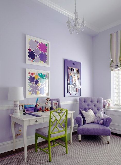 A list of the 29  best Benjamin Moore paint colors for a girl, boy, or gender neutral nursery complete with examples and inspiration! Purple Bedroom Paint, Purple And Green Bedroom, Purple Girls Room, Green Bedroom Decor, Bedroom Purple, Girls Room Design, Purple Girl, Purple Bedrooms, Purple Bedroom