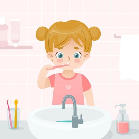 Vector cute girl brushes her teeth in th... | Premium Vector #Freepik #vector #brushing-teeth #kids-teeth #baby-tooth #baby-teeth Teeth Games, Routine School, Teeth Drawing, Bathroom Cartoon, Morning Routine School, Kids Teeth, Tiny Steps, Brush Teeth Kids, Dental Kids