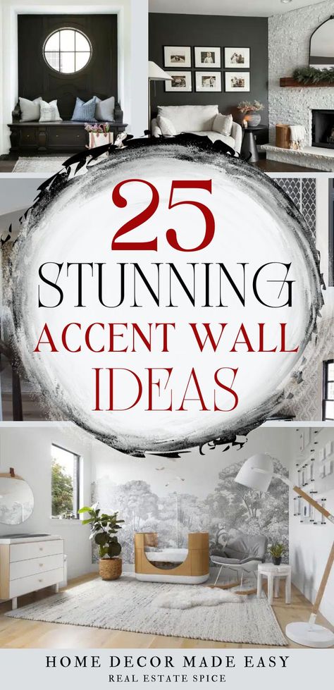 BE INSPIRED WITH STUNNING ACCENT WALLS! 25 STUNNING Accent Wall IDEAS, DESIGNS and TIPS - You'll find stunning living room, bedroom, entryway, powder bathroom, hallway accent wall ideas, images and tips to create the perfect accent wall to fit your style and taste! via @https://www.pinterest.com/realestatespice/_created/ Traditional Accent Wall Ideas, Faux Accent Wall Ideas, Creative Wall Treatments, Textured Wall In Bedroom, Dining Room Wallpaper Ideas Accent Wall, Living Room Wall Papering Ideas, Inexpensive Accent Wall Ideas, Accent Wall Den, Wallpaper Gallery Wall